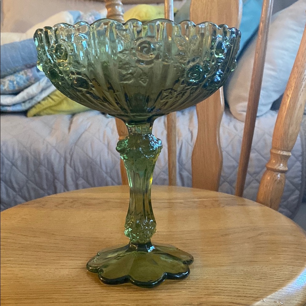 Fenton Green Rose Glass Pedestal Compote Vintage 1960 Excellent Condition
